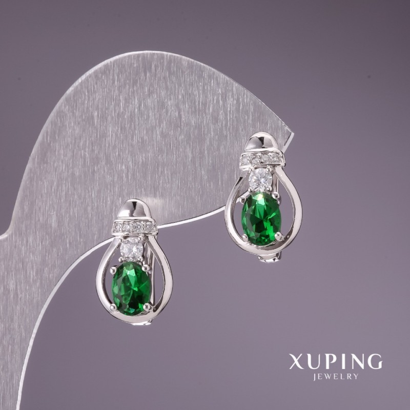 أقراط Xuping بأحجار خضراء 15x9mm روديوم