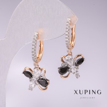 أقراط Xuping مطلية بالذهب 18k وروديوم مع أحجار سوداء وفصوص بيضاء 30x12mm