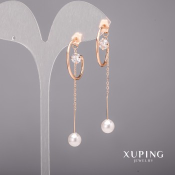 أقراط Xuping بأحجار بيضاء ولؤلؤ Majorca 23x64mm طلاء ذهبي 18K