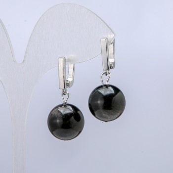 أقراط الأوبسيديان الفضي، القطر 14mm +-، الطول 32mm +